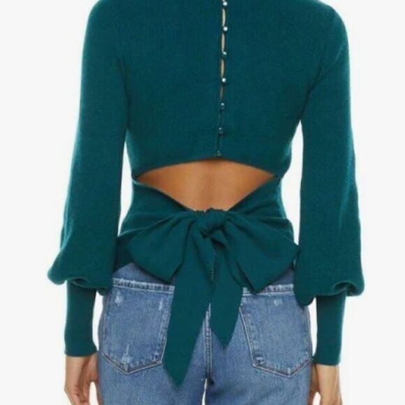 NWT Ryegrass Womens Large Teal Sweater Mock Neck Open Back Tie Button - Picture 1 of 16